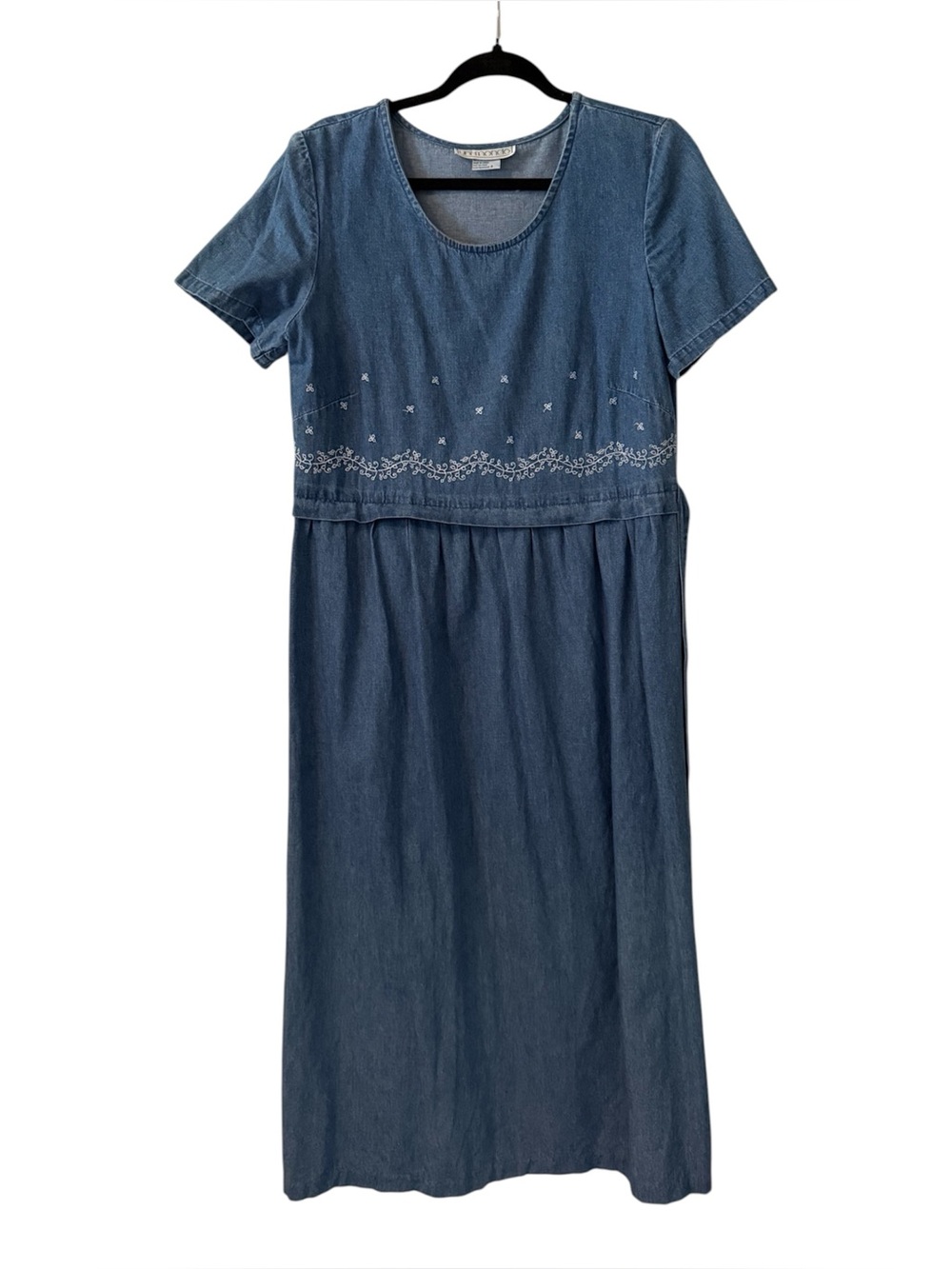 Uni Mondo | 90s Vintage Prairiecore Embroidered Midi Denim Dress | Size 6 - Picture 2 of 7